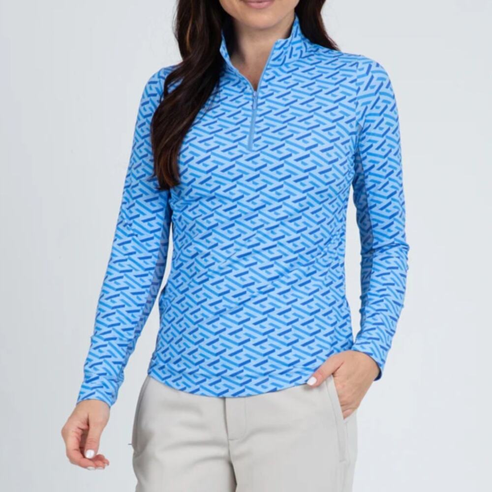 IBKUL Fatima Print Long Sleeve Mock Neck Top Womens XS Blue Peri 1/4 Zip UPF 50+